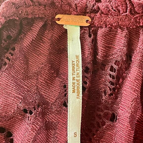 Free People Olivia Wine Lace Blouse SMALL Sheer Long Sleeves Boho Romantic - Picture 9 of 11